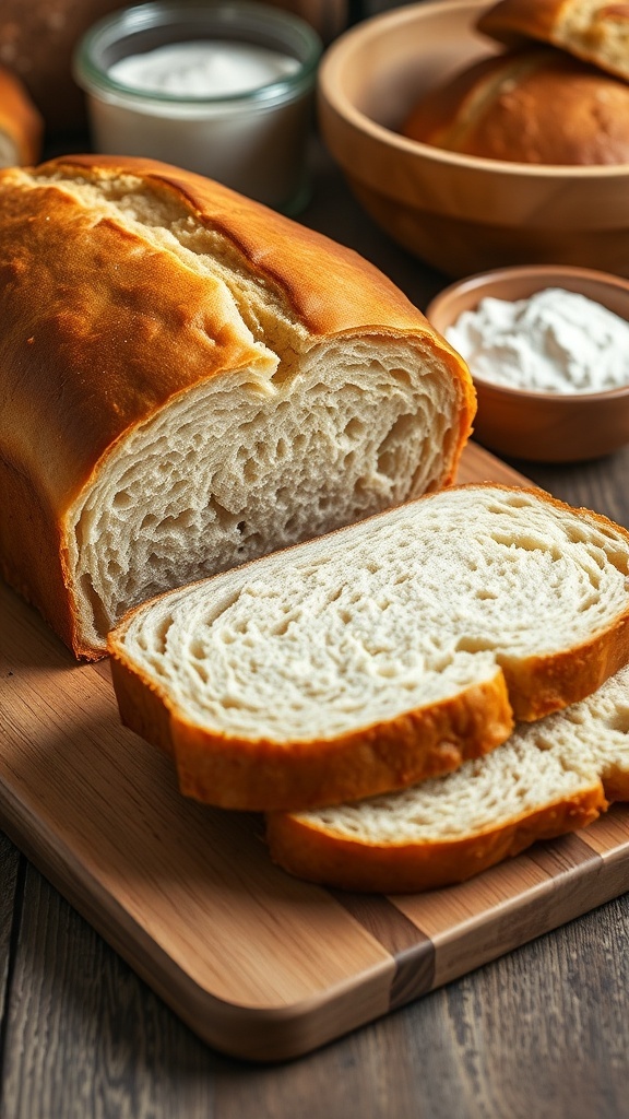 Freshly baked sandwich bread with a golden crust and soft interior on a wooden cutting board.